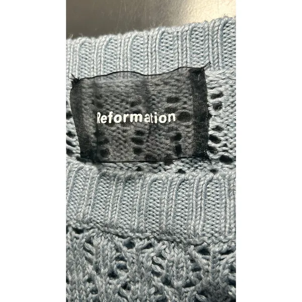 Reformation‎ Light Blue Linen Open Knit Crewneck Sweater Top Size XS - Image 4