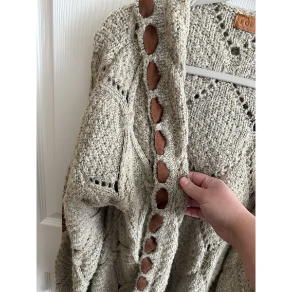 POL Cardigan Sweater Womens M Oatmeal Boho Cottagecore Open Cozy Coastal - Image 3