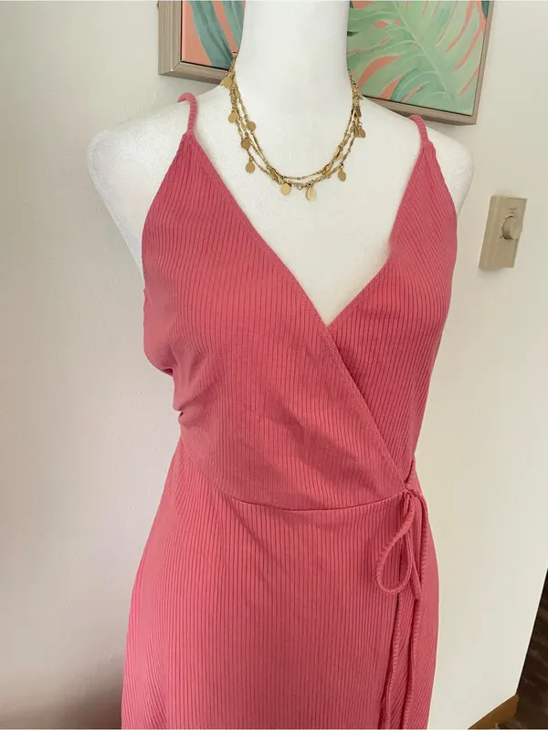 Reformation Vicky Ribbed Wrap Midi Dress in Pink Size Medium - Image 2