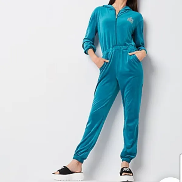 NWT Juicy By Juicy Couture Jumpsuit peacock Velour‎ Hooded Long Sleeve Zip Up L - Image 3