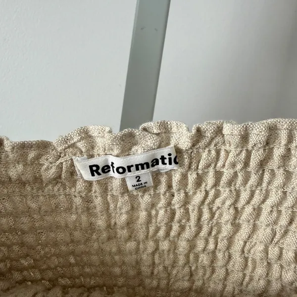 Reformation sz 2 Beige 100% Linen Smocked Puff Sleeve Crop‎ Top Blouse Cottage - Image 6