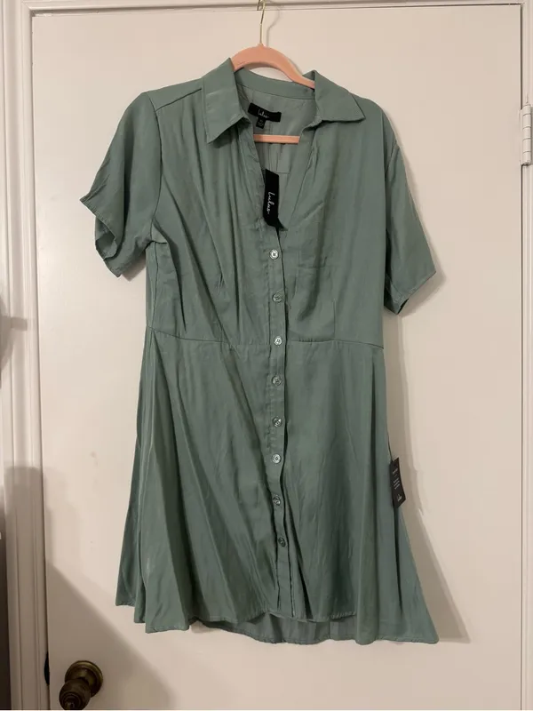 NWT Lulus Pleasant Darling Sage Green Short Sleeve Button-Up Mini Dress Size XL - Image 5