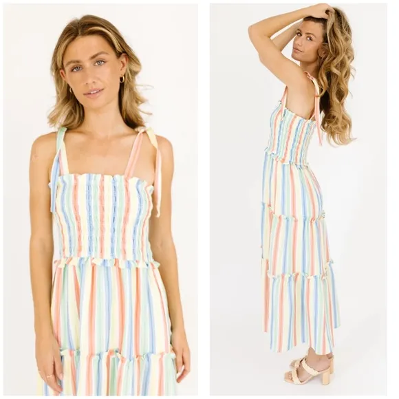 Aakaa NWT pastel rainbow smocked ruffle tiered shoulder tie midi dress Sz Large - Image 3