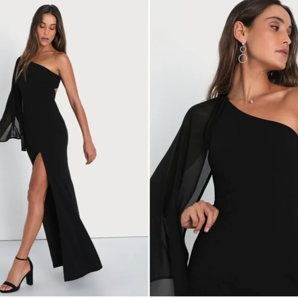 LULU's Sexy Prom Wedding Sophisticated Elegant One Shoulder Cape Maxi Dress - Image 5