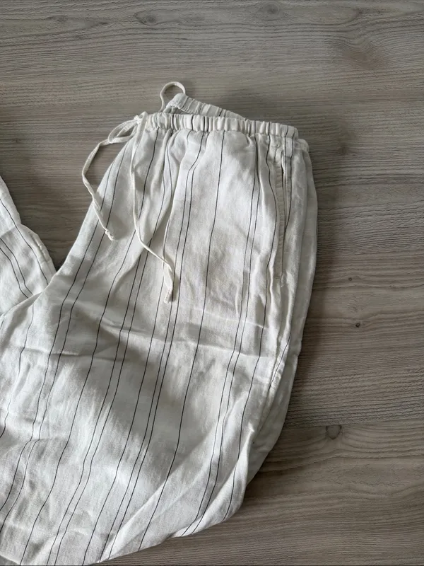 H&M Lightweight Striped Drawstring Linen Blend Pants - Cream - Image 2