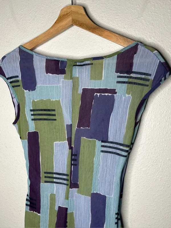 Y2K Vintage NY & Company Blue Purple Abstract Geometric Surplice Wrap Blouse - Image 6