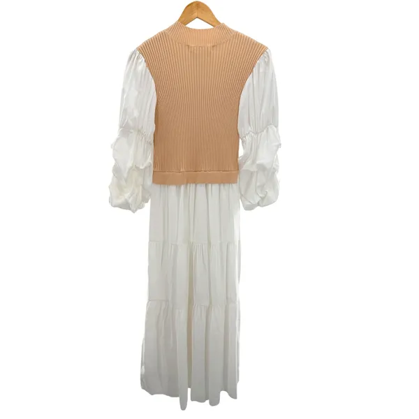 English Factory Tan‎ Ribbed Vest Puff Sleeve Tiered Maxi Dress Small Neutral - Image 7