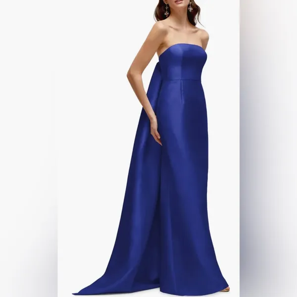 NEW Alfred Sung Strapless Satin Twill Column Gown w/ Removable Train sz 8 Blue - Image 3