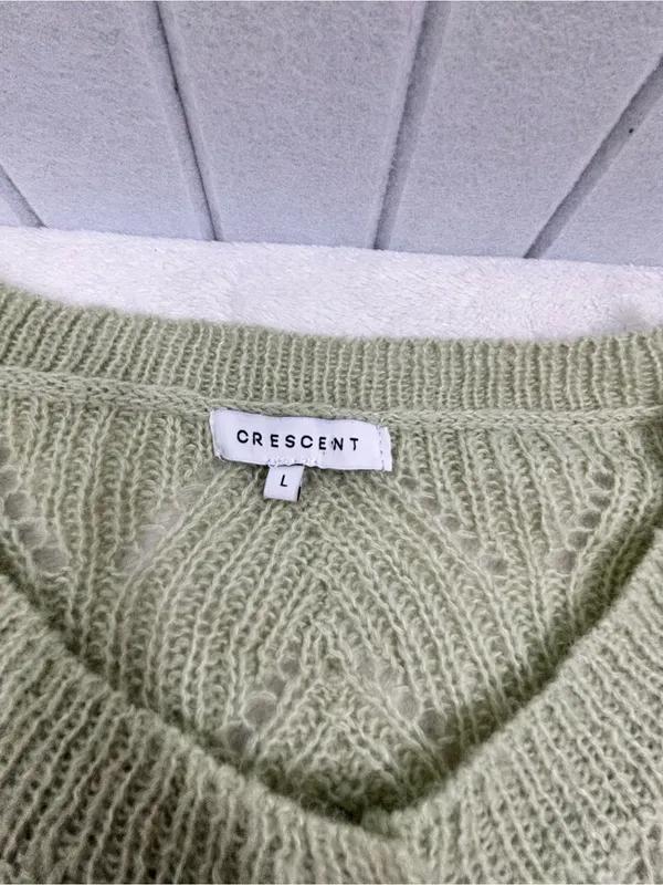 Crescent Wool Mohair Blend Saga Green Open Knit Cardigan Sweater Button Front - Image 8