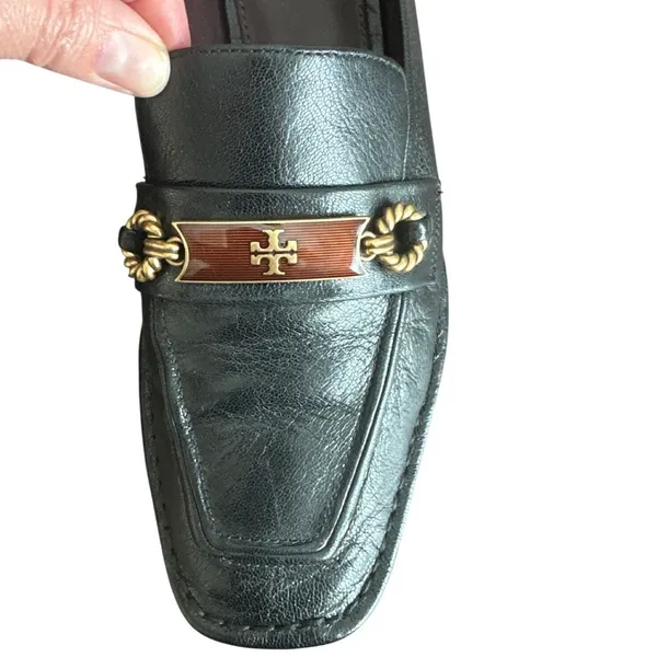 Tory Burch Perrine Loafer Black Leather Horsebit Enamel Gold Size 7.5 - Image 10