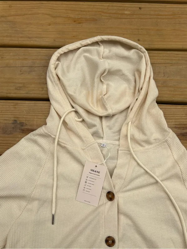 Women’s Small Cream Waffle Knit Hooded Henley Tunic Pullover Top NWT - Image 3