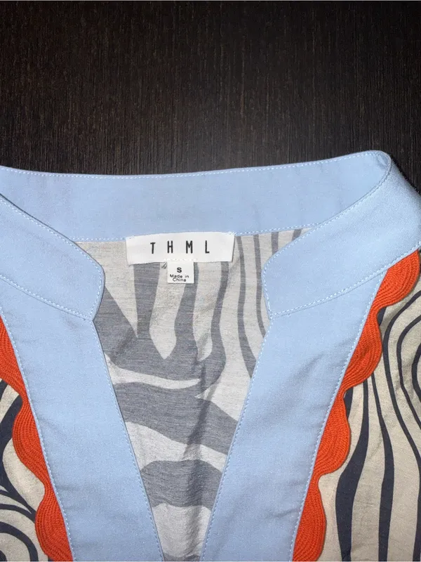 THML Cream and Black Printed Puff-Sleeve Top with Light Blue & Orange Trim - Image 6