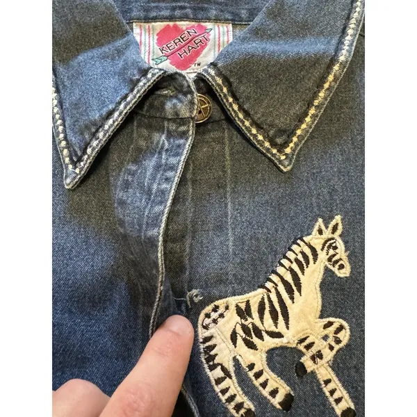 Keren Hart Denim Shirt Women‎ Size Small Embroidered Long Sleeve Safari Read - Image 9