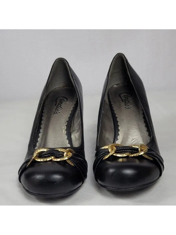 Candies Black Faux Leather Chunky Kitten Heels Pump With Gold Chain Bow Sz 8 M - Image 9