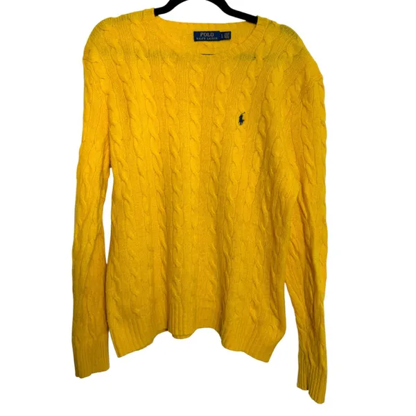 Polo Ralph Lauren Yellow Wool Cashmere Cableknit Sweater Lightweight Large - Image 4