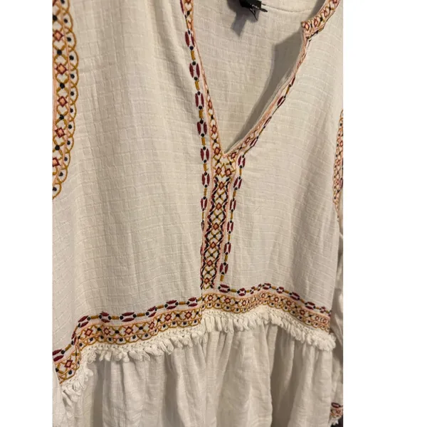 Topshop Ivory Embroidered Boho Peasant Blouse Babydoll Fringe Top US 12 - Image 7