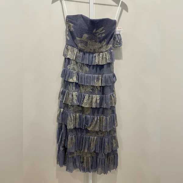After Six Ruffle Tiered‎ Skirt Metallic Pleated Midi Dress Size XS - Image 3