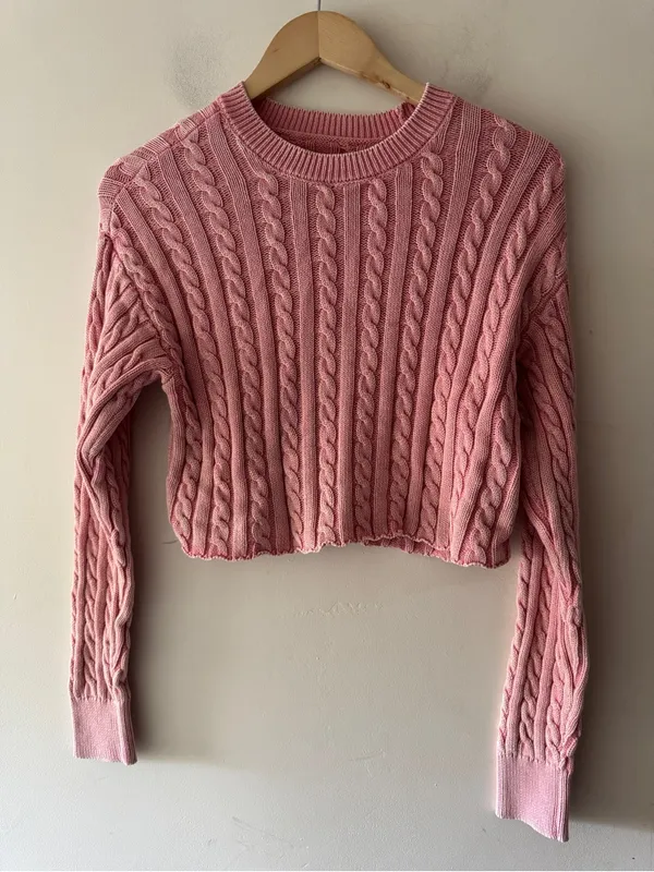 Aerie Pink Cable Knit Cropped Sweater - Image 2