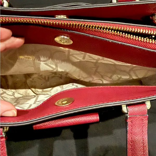 Calvin Klein Monogram Satchel in Brown and Red with gold accents - Image 6