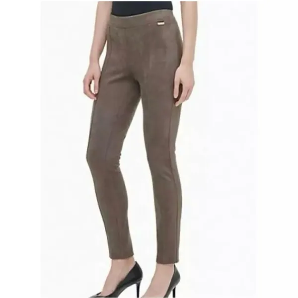 Calvin Klein Faux Suede Skinny‎ Pull On Pants Taupe Tan Small Leggings - Image 2