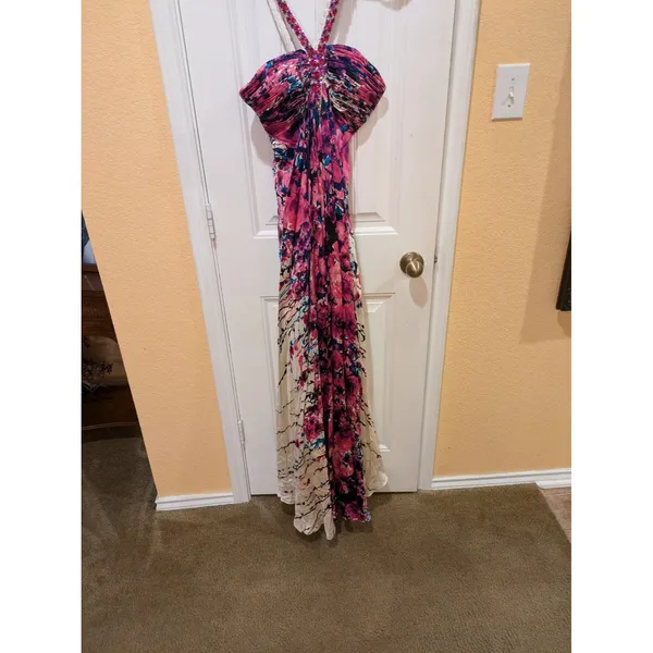La Femme Multicolor Floral Rhinestone Embellished Halter Evening Gown EUC Sz 0 - Image 3