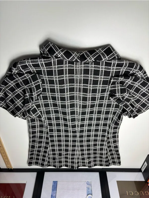Altar'd State Black & White Plaid Blazer Single Button Ruched Sleeves XS USA EUC - Image 6
