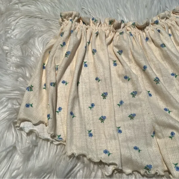 For Love & Lemons Women's Size Medium Pointelle Shorts Butter Yellow Blue Floral - Image 7