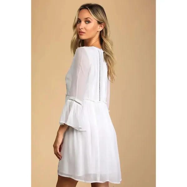 Lulus Women's Small White Crochet Lace Babydoll Long Sleeve Short Party Dress‎ - Image 3