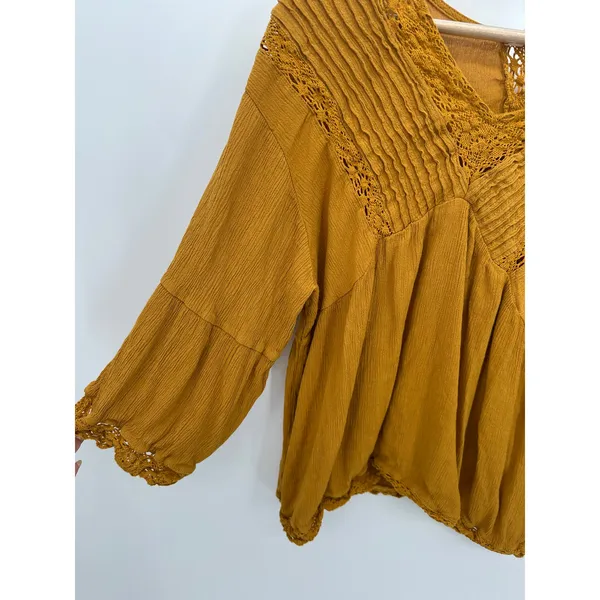 Adiva Top Women XL Mustard Yellow Boho Babydoll Casual Lagenlook‎ Embroidered - Image 3