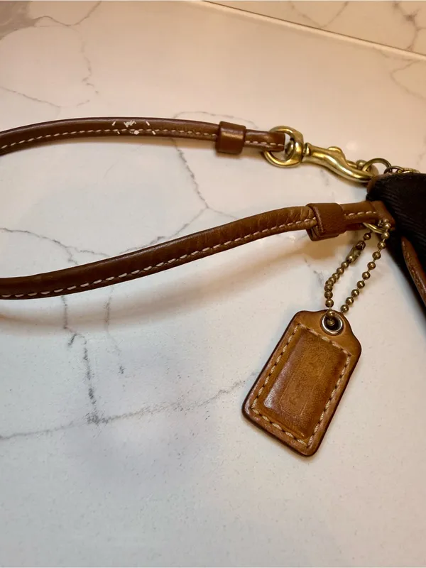 Vintage Coach Black Fabric & Tan Leather Turn-lock Wristlet Pouch - Image 6