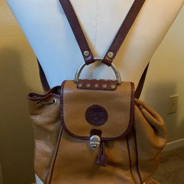 Valentina Italian Genuine Pebbled Brown Leather Drawstring Backpack Tan - Image 4