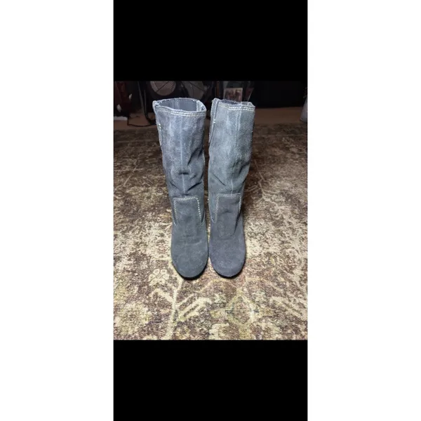 MIA Grey Suede Mid-Calf Boots with Contrast Stitching and Block Heel - Image 2