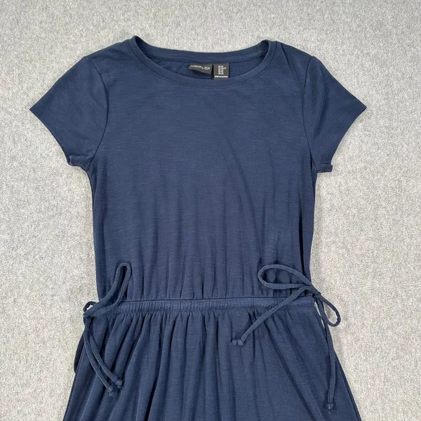 Rachel Zoe Ribbed Knit Blouson Dress Women's XS Navy Blue Side Ties Short Sleeve - Image 2