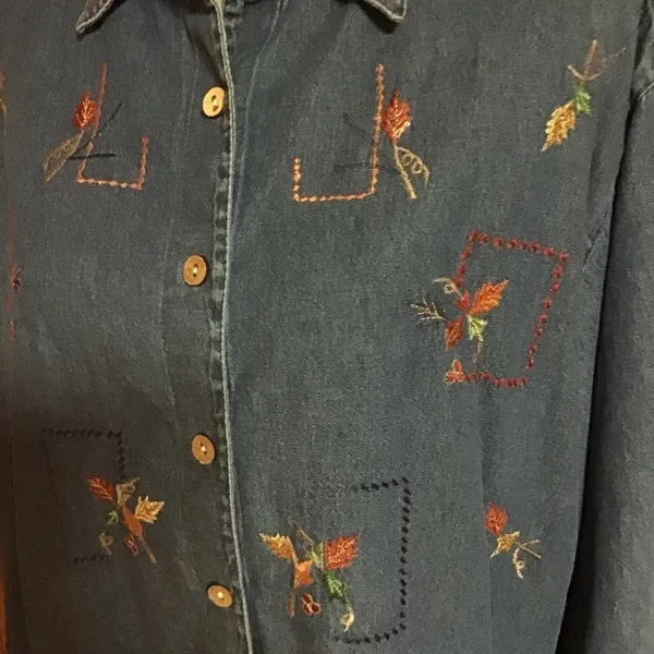 Vintage 90s autumn leaves oversized denim leaves top - Image 6
