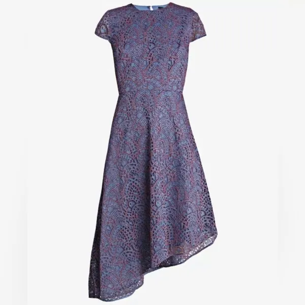 BANANA REPUBLIC Purple Red Eyelet Lace Assymetrical Hem Midi‎ Dress Size 0 - Image 3