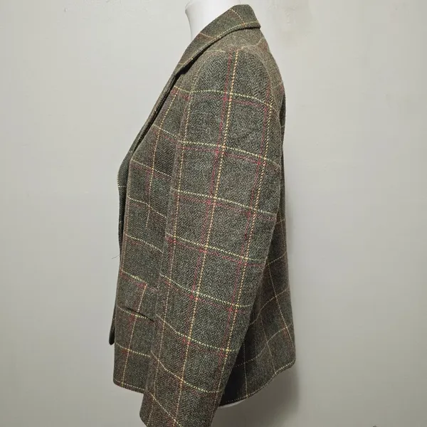 Vintage Petite Sophisticate Drab Olive Plaid Wool Blend Blazer Size 12 - Image 3