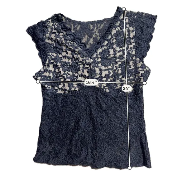 Black Floral Lace V-Neck‎ Cap Sleeve Top Sheer Scalloped Blouse - Image 3