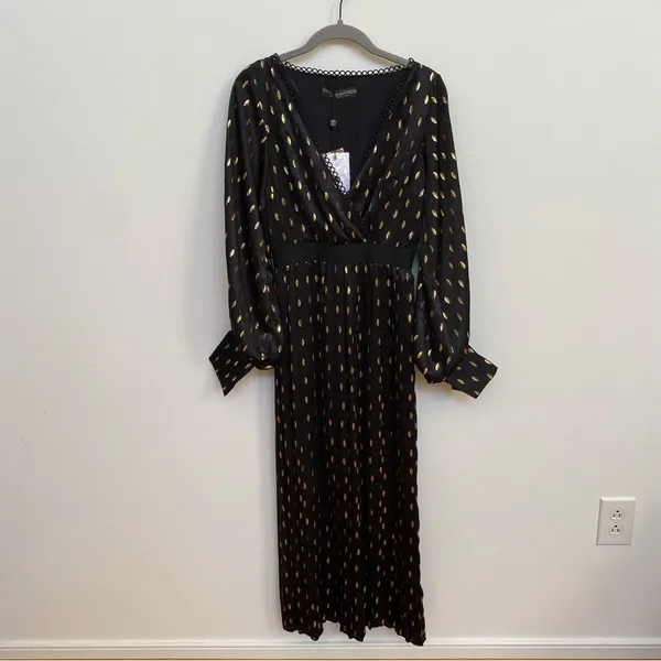 Little‎ Mistress Black & Gold Foil Leaf Pleated Maxi Dress UK 8 US 4 NWT - Image 2