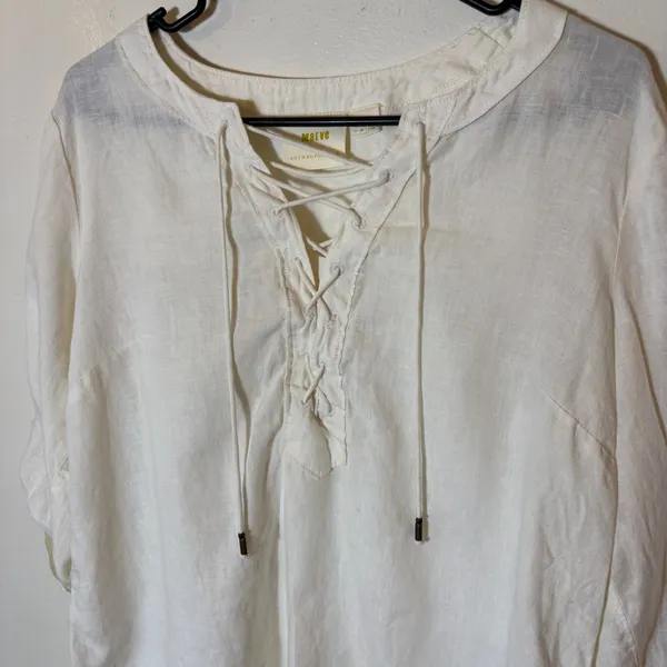 Maeve Anthropologie Cream Linen‎ Lace-Up Tunic Top Roll-Tab Sleeve Blouse Size 6 - Image 2