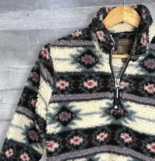 Roper Southwestern Quarter Zip Polar Fleece Pullover Women S Aztec Ivory Pockets - Image 3