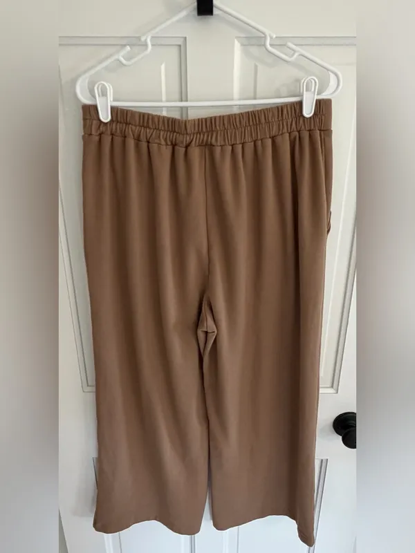 Melloday Camel Wide Leg Cropped Pants Pull On Elastic‎ Waist L - Image 2