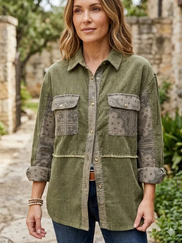 Vintage Havana Bandana & Corduroy Button-Up Top - Image 2