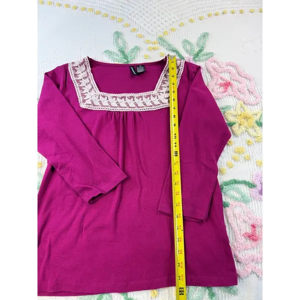 Jason‎ Maxwell Magenta Pink Square Neck Lace Trim 3/4 Sleeve Knit Top Blouse M - Image 3