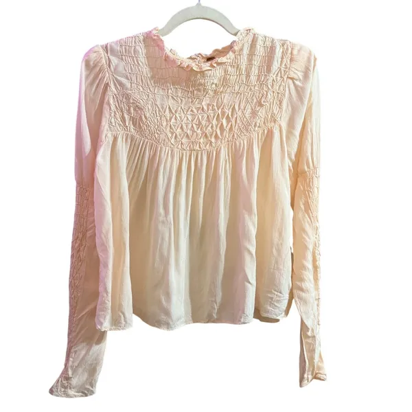 Free People Smocked in Time‎ Romantic Billowy Peach Pink Ethereal Top Sz Small - Image 2