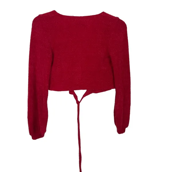 Hollister Wrap Eyelash Crop Sweater Size Small Red Fuzzy Cozy Y2K - Image 6