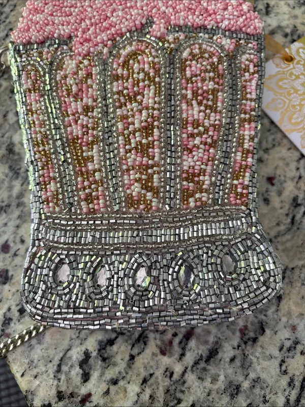 Made in India Beaded Pink and Silver Strawberry Milkshake Crossbody Bag - Image 11