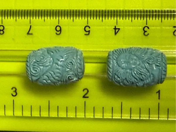 Carved Sun Face/Mermaid Turquoise Color Resin Beads - set of 2 - Image 6