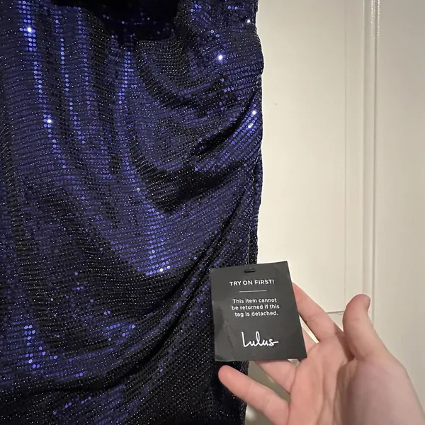 Lulus Women’s Shiny Purplish Blue Party Dress Sz XL Gathered Side - Image 13