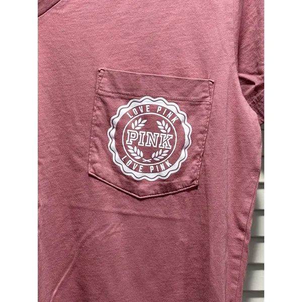 VS PINK Mauve V Neck Short Sleeve Top‎ Size XS Logo Pocket Casual Graphic Back - Image 2
