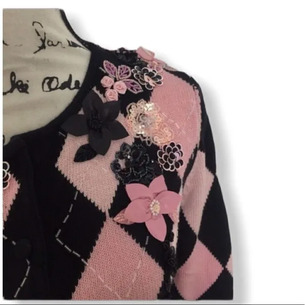 Victor Costa Embellished Argyle Cardigan Women’s XS Pink Black Occasion Knit Swe - Image 2
